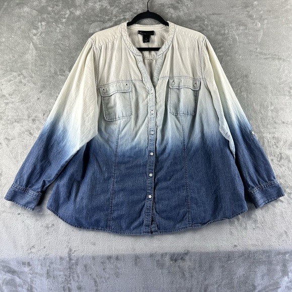 Lane Bryant Tops - Lane Bryant Button Front Top Women's 26 Chambray Blue Ombré 100% Cotton Roll Tab